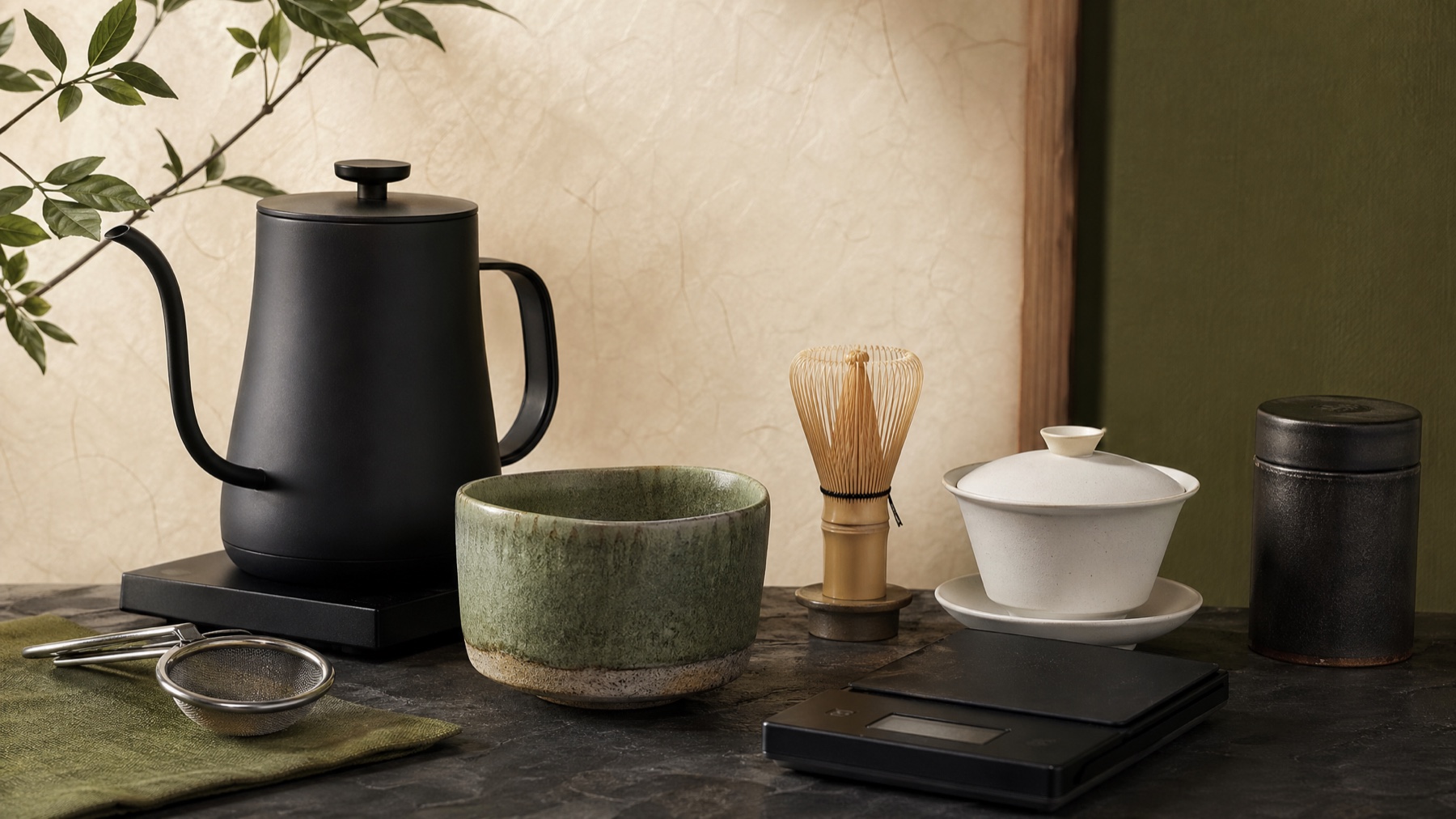 Curated tea gear including kettle, matcha bowl, whisk, gaiwan, scale, and tea tin