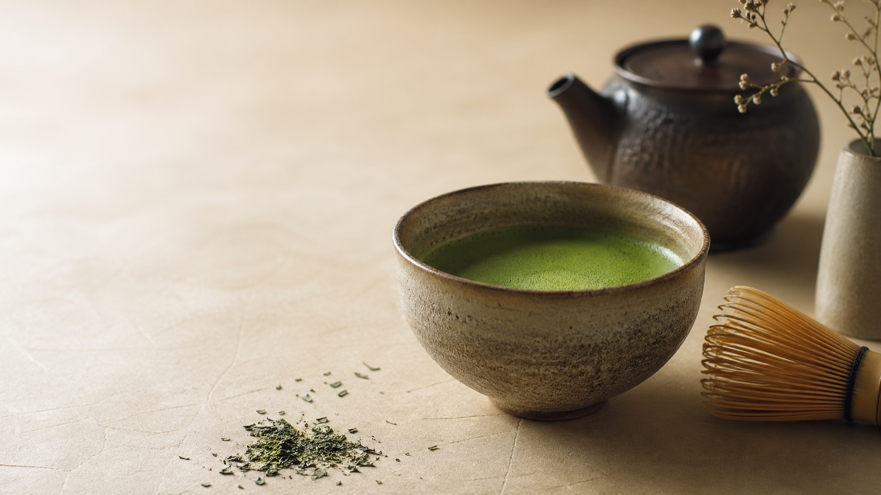 Ceremonial matcha bowl with bamboo whisk and tea tools