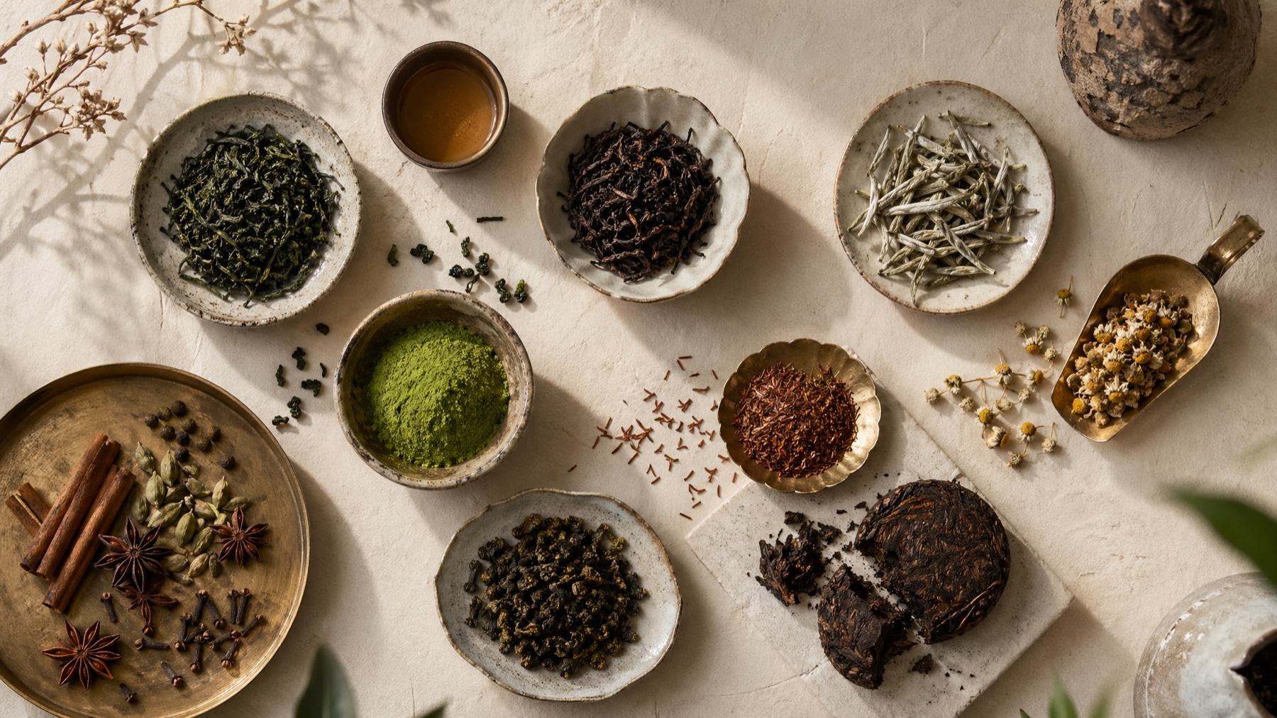 A curated spread of matcha, green tea, black tea, oolong, white tea, pu-erh, herbs, rooibos, and chai spices